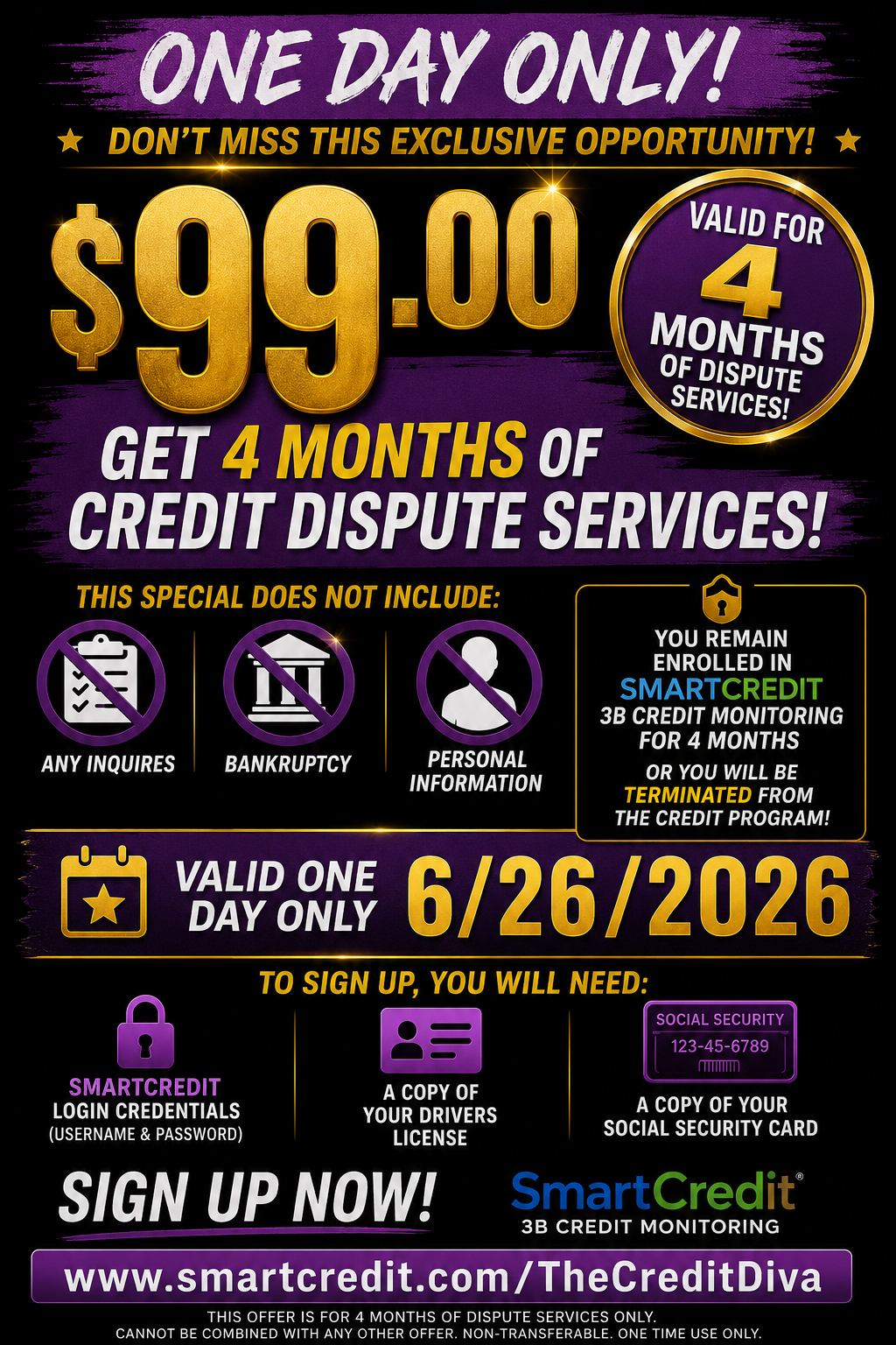 $99.00 ONE DAY ONLY CREDIT ENROLLMENT SPECIAL FOR JUNE 26, 2026!