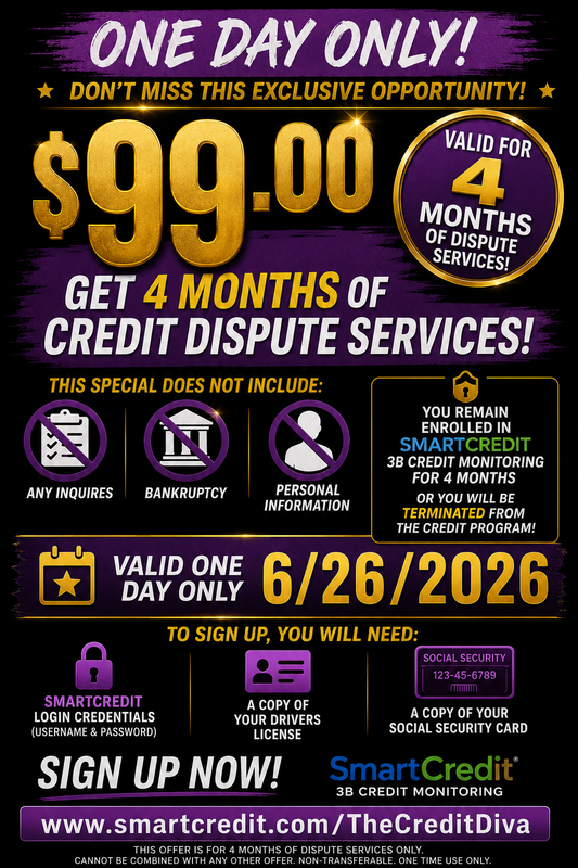 $99.00 ONE DAY ONLY CREDIT ENROLLMENT SPECIAL FOR JUNE 26, 2026!